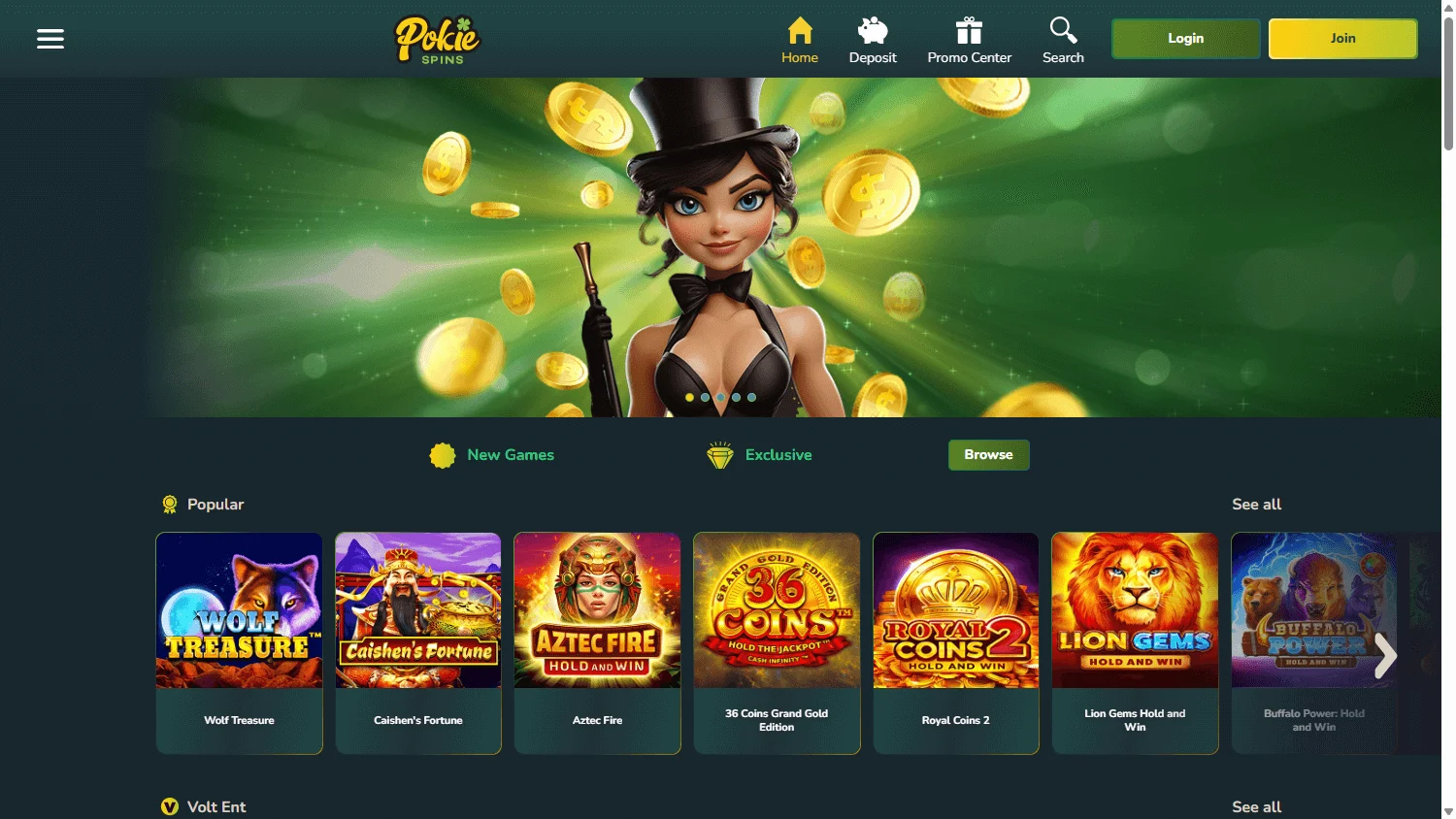 Pokiespins Casino home page on desktop