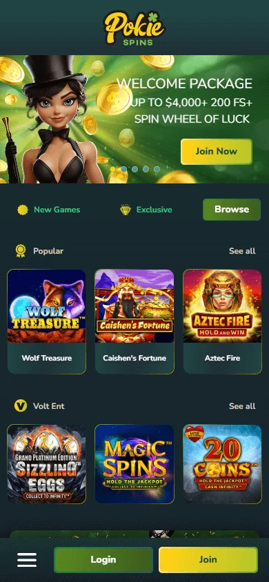 Pokiespins Casino home page on a mobile device