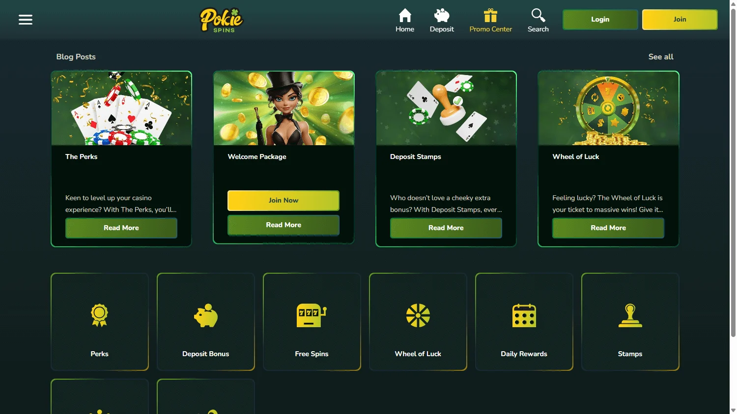 Pokiespins Casino promotions page on desktop